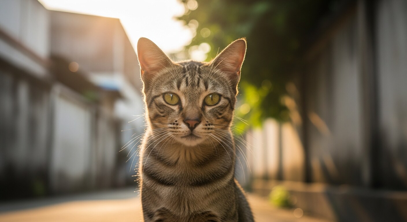 A community cat sitting calmly in soft afternoon light