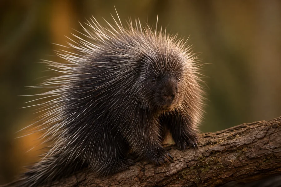 Porcupine with long detachable quills on a forest log.