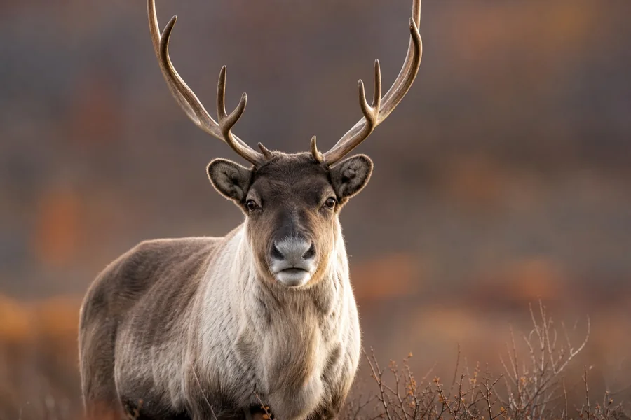 Reindeer with branching antlers in tundra habitat.