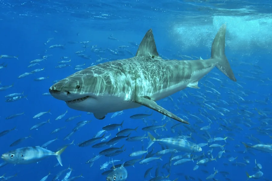 Shark: gills, cartilaginous fish body.