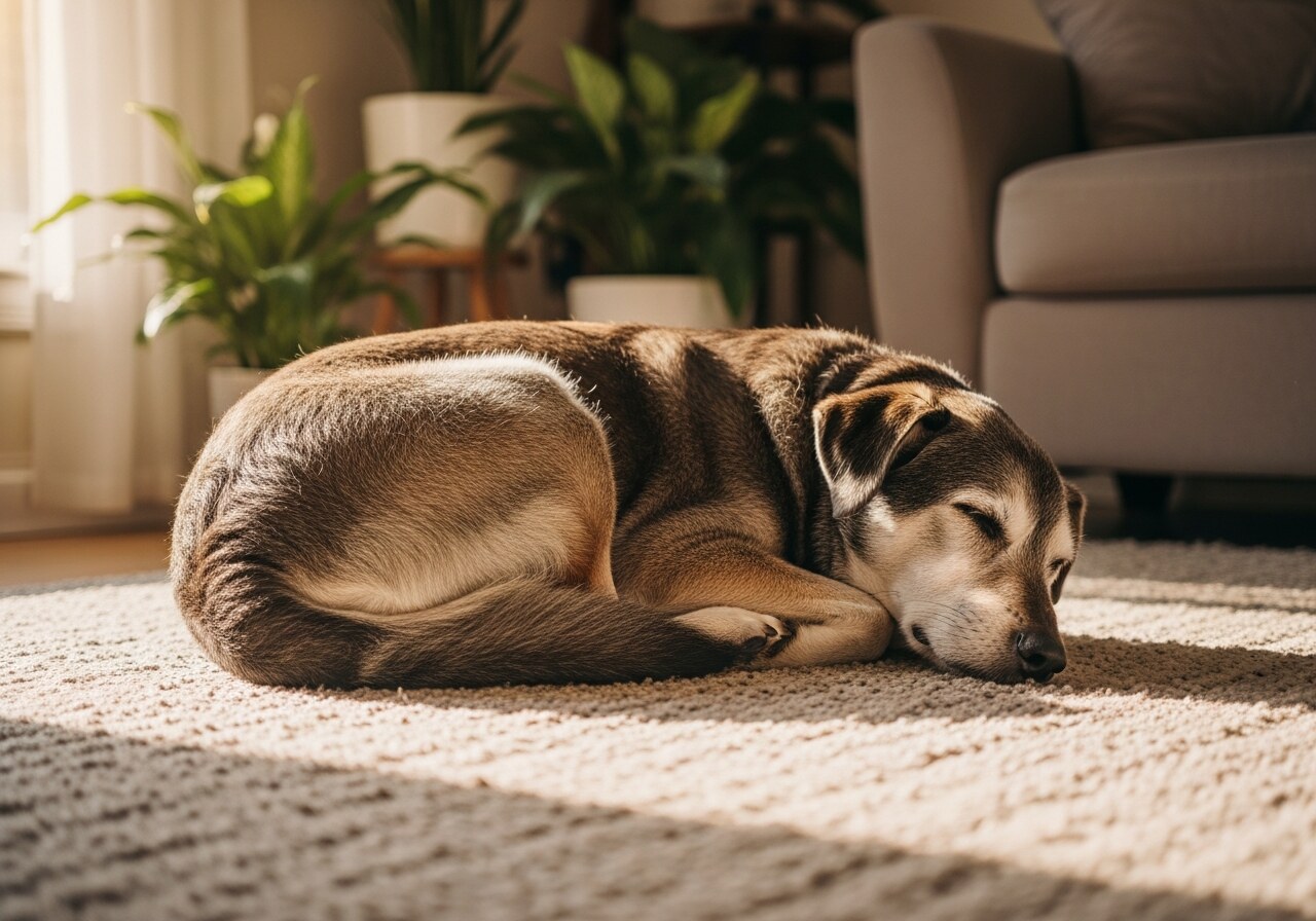 An older grey-muzzled rescue dog curled up asleep on a rug in its new home