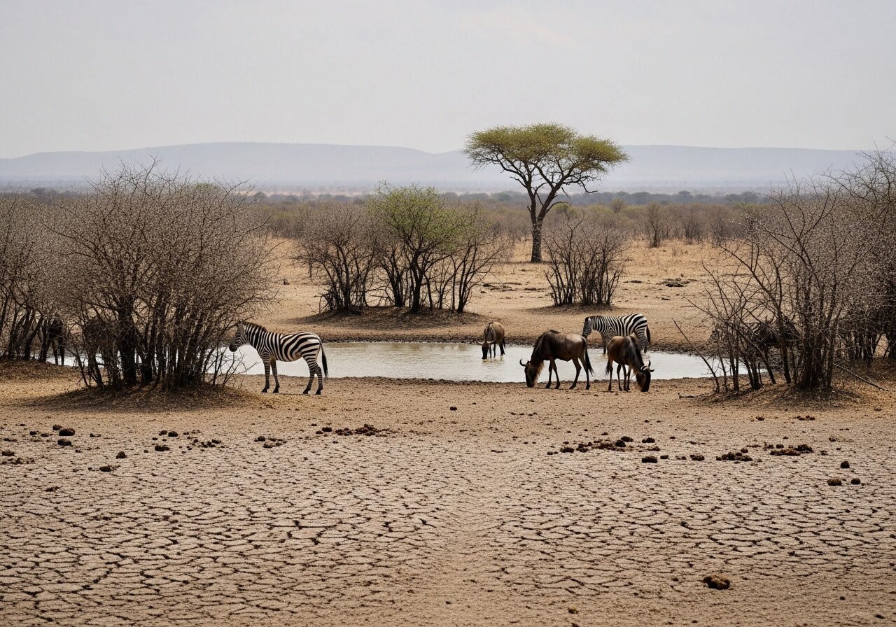 A dry water hole in northern Kenya during a multi-year drought, with elephant footprints visible in the cracked earth