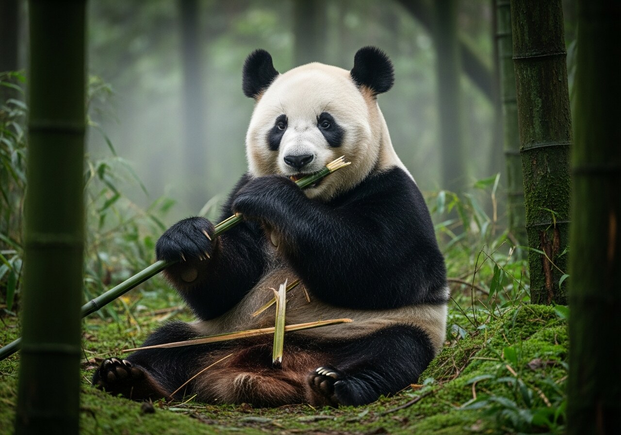 A wild giant panda sitting in misty bamboo forest, eating a bamboo stalk