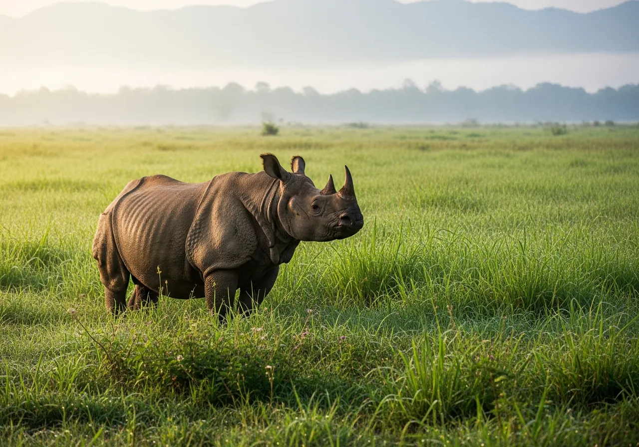 Panzernashorn im Grasland — drei der fünf Nashornarten gelten als vom Aussterben bedroht