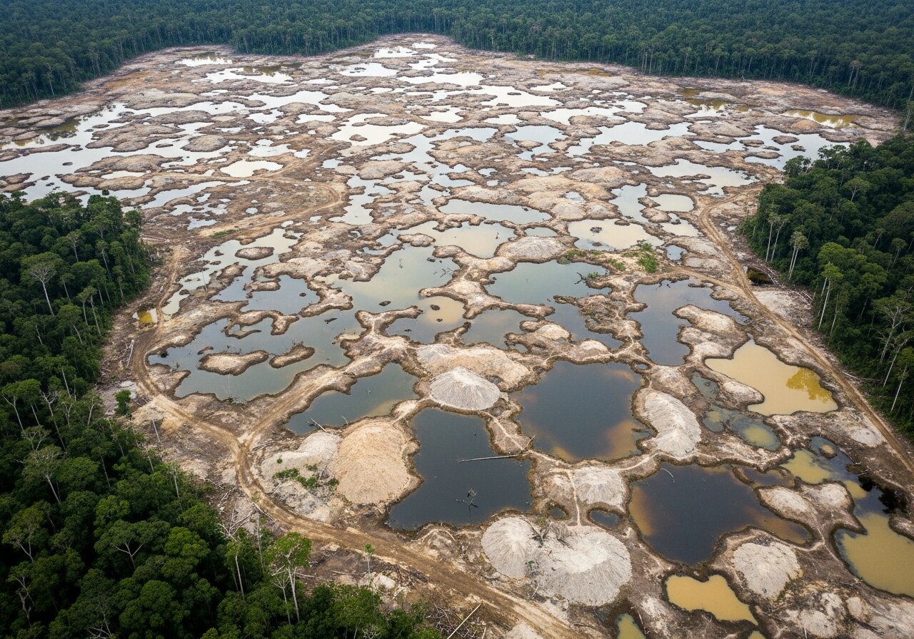 Aerial view of illegal gold mining destruction in the Peruvian Amazon — pockmarked deforested terrain surrounded by intact rainforest