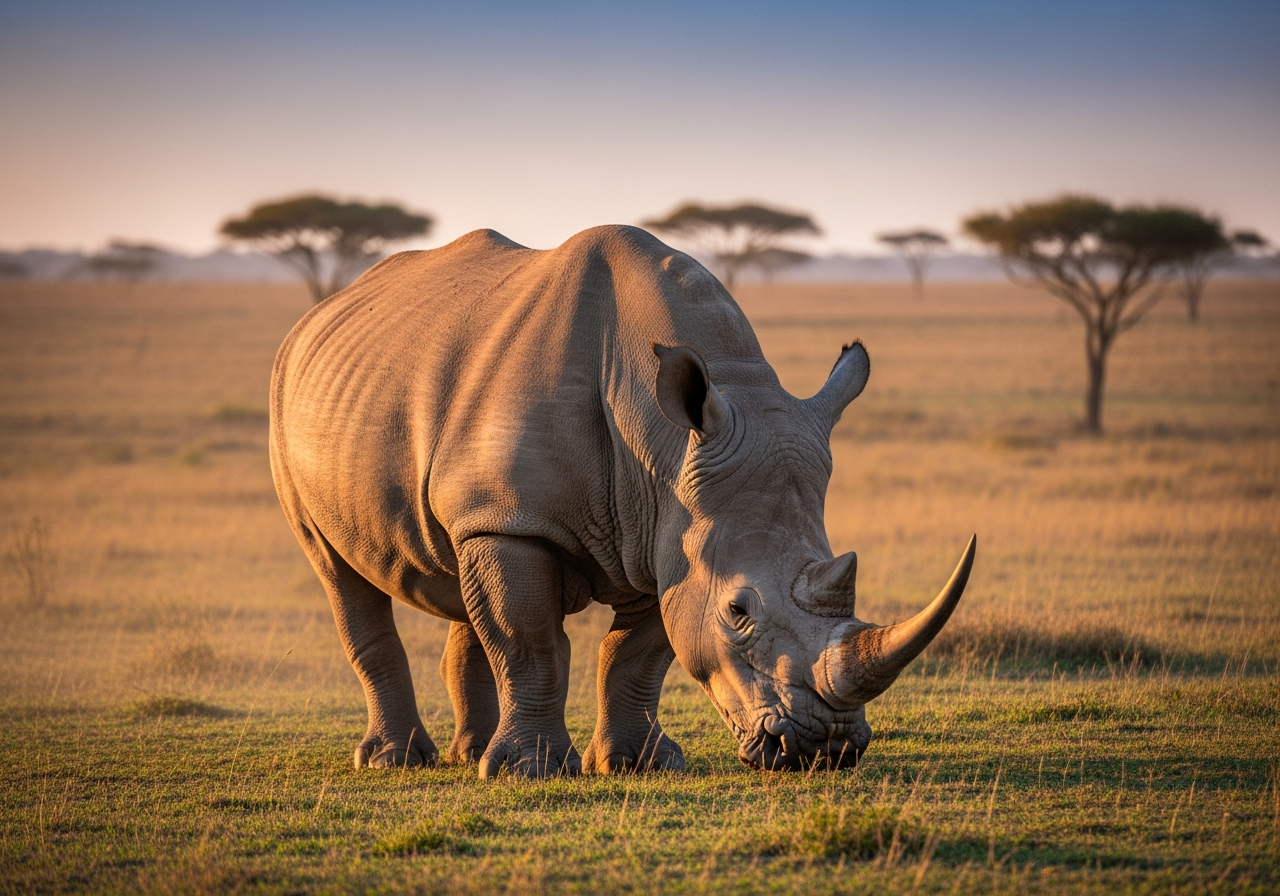 A rhino calf staying close to an adult rhino in protected habitat