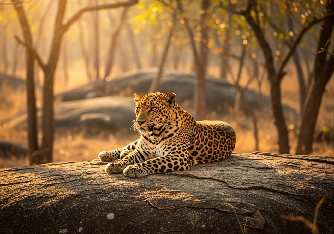 A leopard resting on a rock in dappled forest light