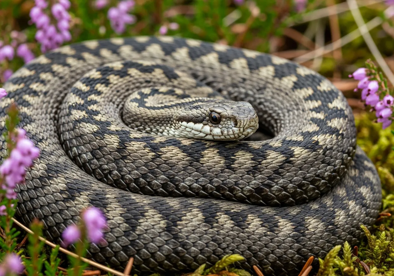 A coiled adder (Vipera berus) basking on heathland, its grey-brown body marked with the species' distinctive dark zigzag stripe running down the back and a V-shaped marking on the head.