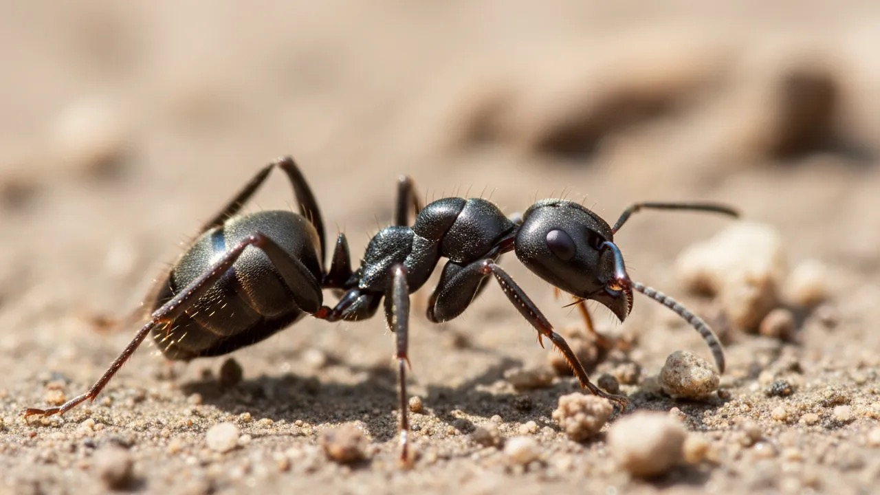 Close-up of a black ant standing on soil