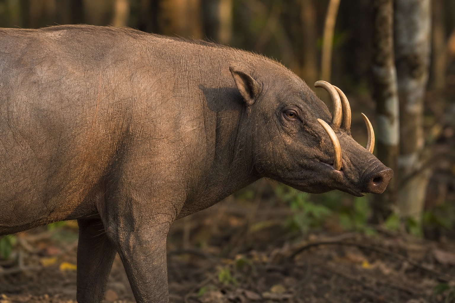 Male babirusa with upward-curving tusks piercing the top of the snout, dark sparse coat in Sulawesi forest