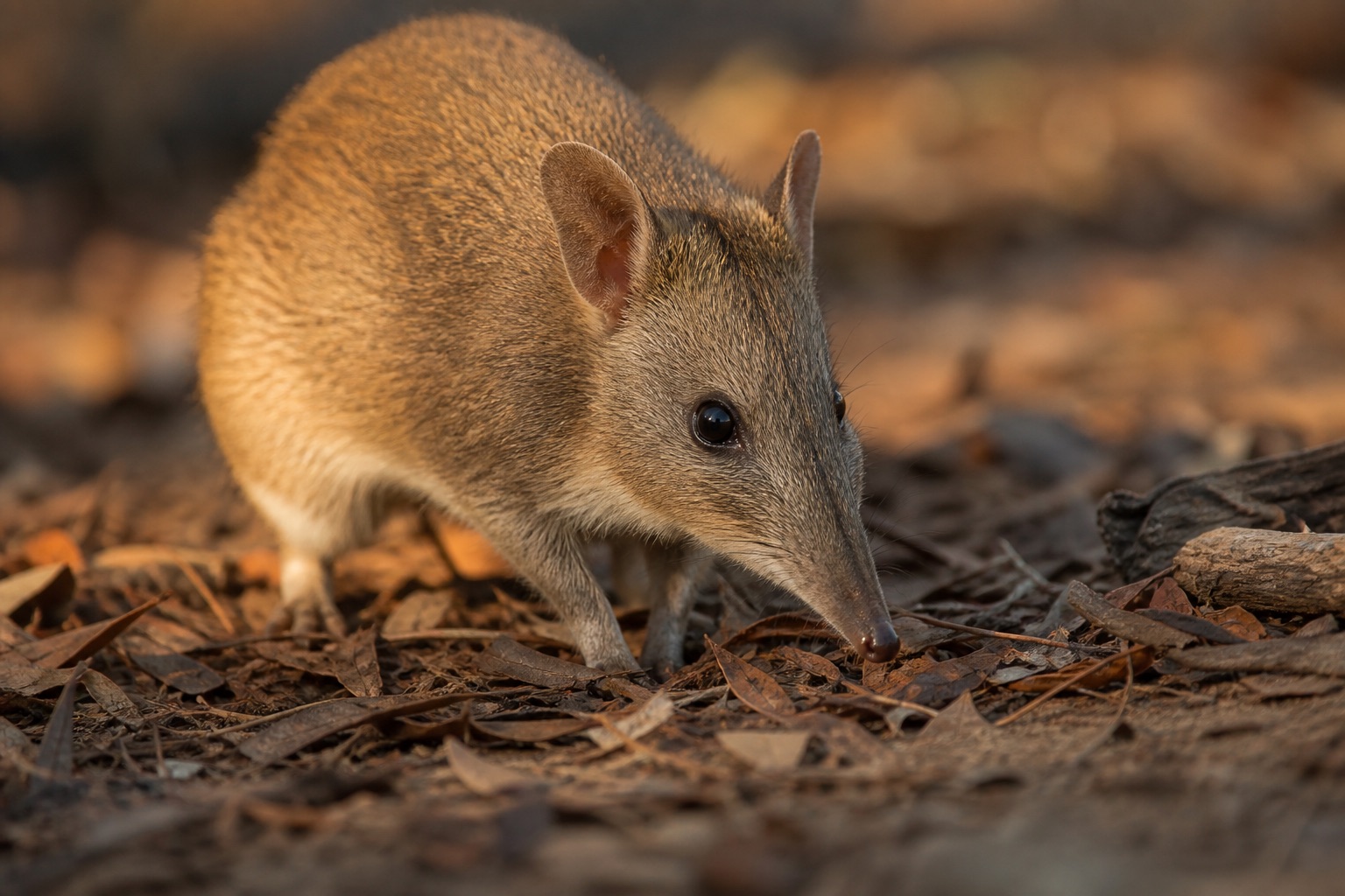 Bandicoot with elongated snout, hunched body and rear-opening pouch foraging on leaf litter at night