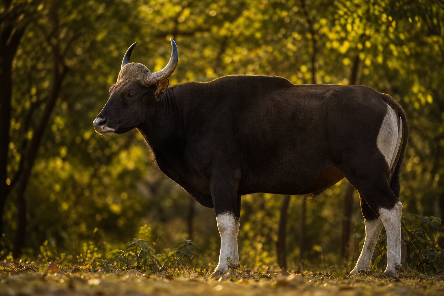 Banteng bull with dark coat and white stockings standing in Sundaland forest clearing