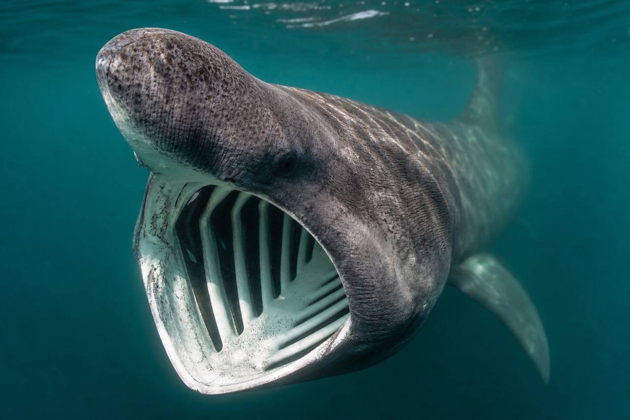 Basking shark with enormous open mouth filter-feeding near the surface