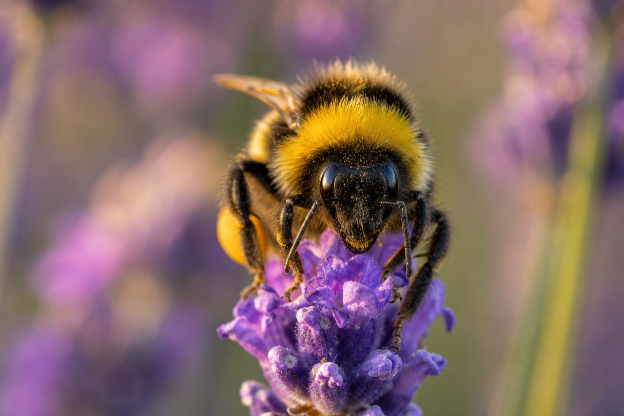 Sweat bee with metallic green thorax visiting a purple thistle flower, legs coated in yellow pollen