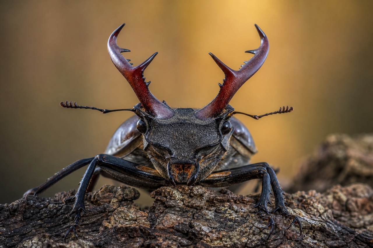 Stag beetle male with enlarged brown mandibles resting on oak bark in dappled woodland shade