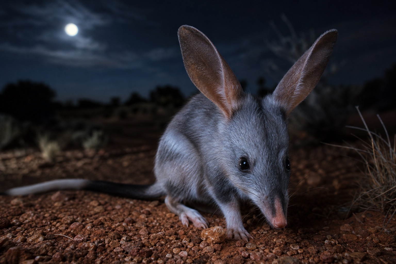 Greater bilby with long pink ears and silky blue-grey fur standing at the entrance to a sandy burrow in arid spinifex country
