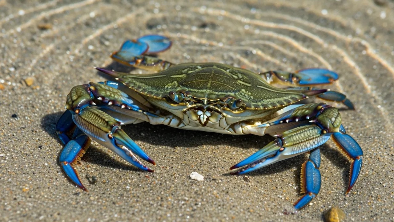Blue crab with bright blue claws and a broad shell on a sandy estuary bottom