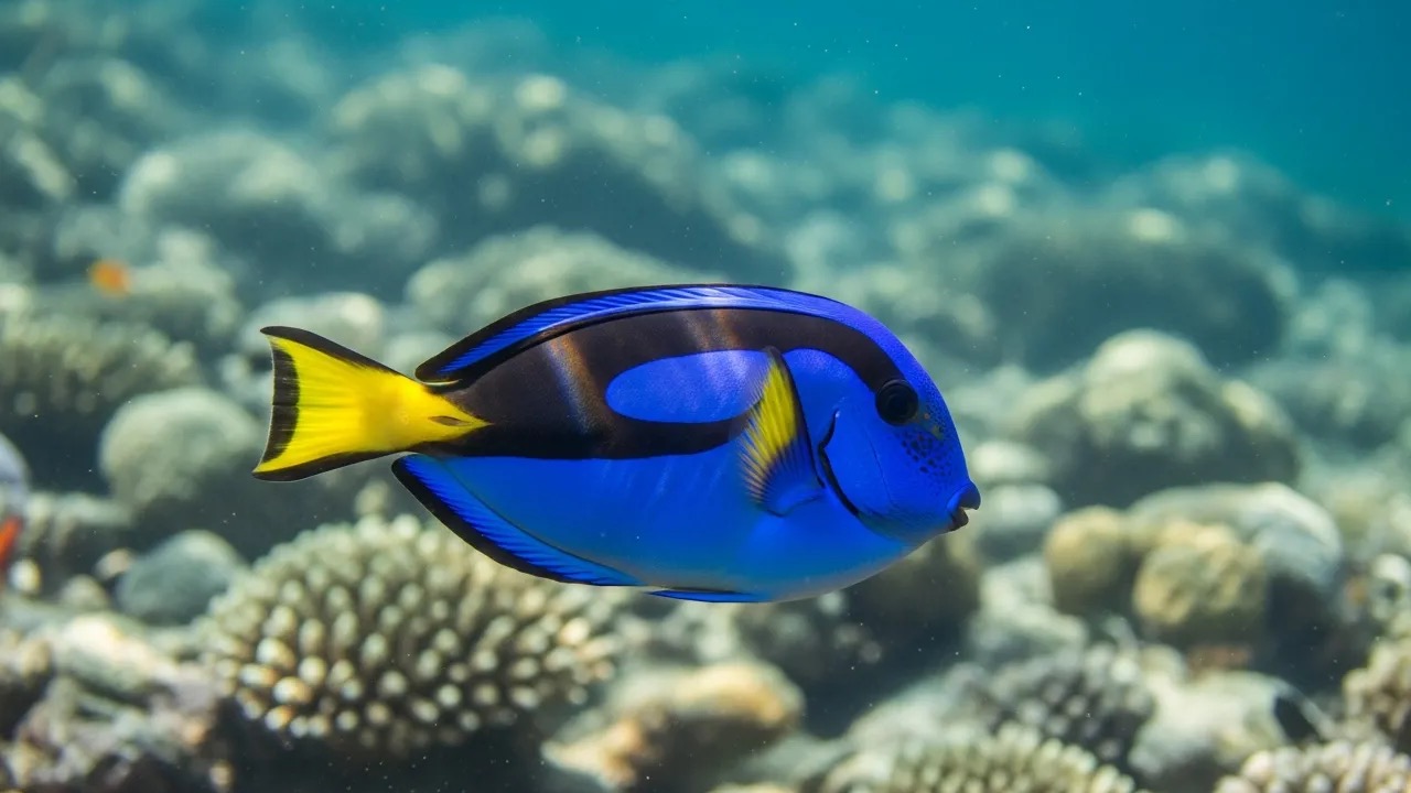 Bright royal blue tang fish with a yellow tail swimming over a coral reef