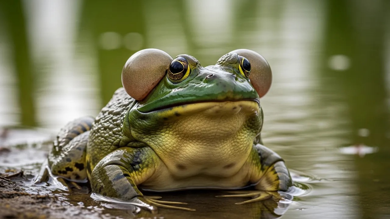 Large green American bullfrog sitting at the edge of a pond among reeds