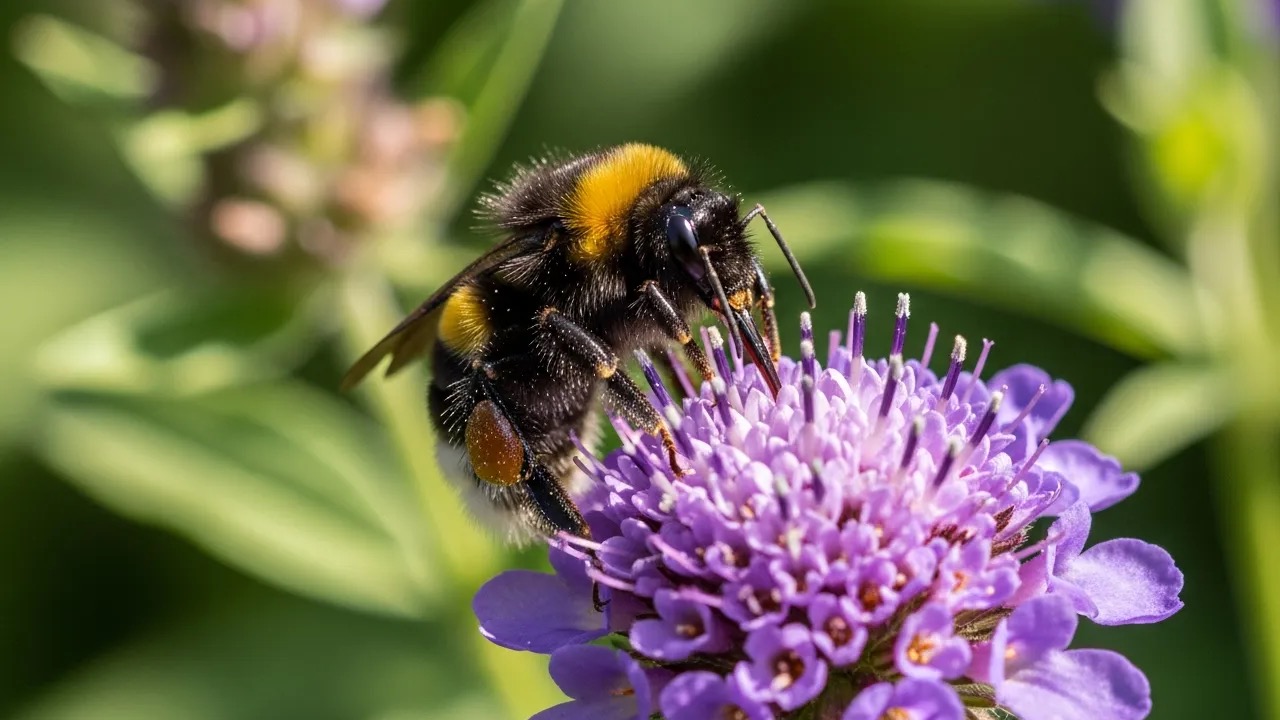 Fuzzy black and yellow bumblebee gathering pollen on a purple flower
