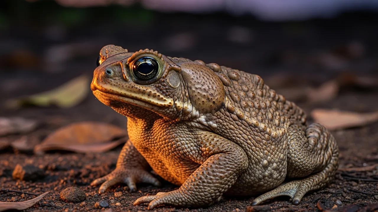 Large brown warty cane toad sitting on damp soil at night