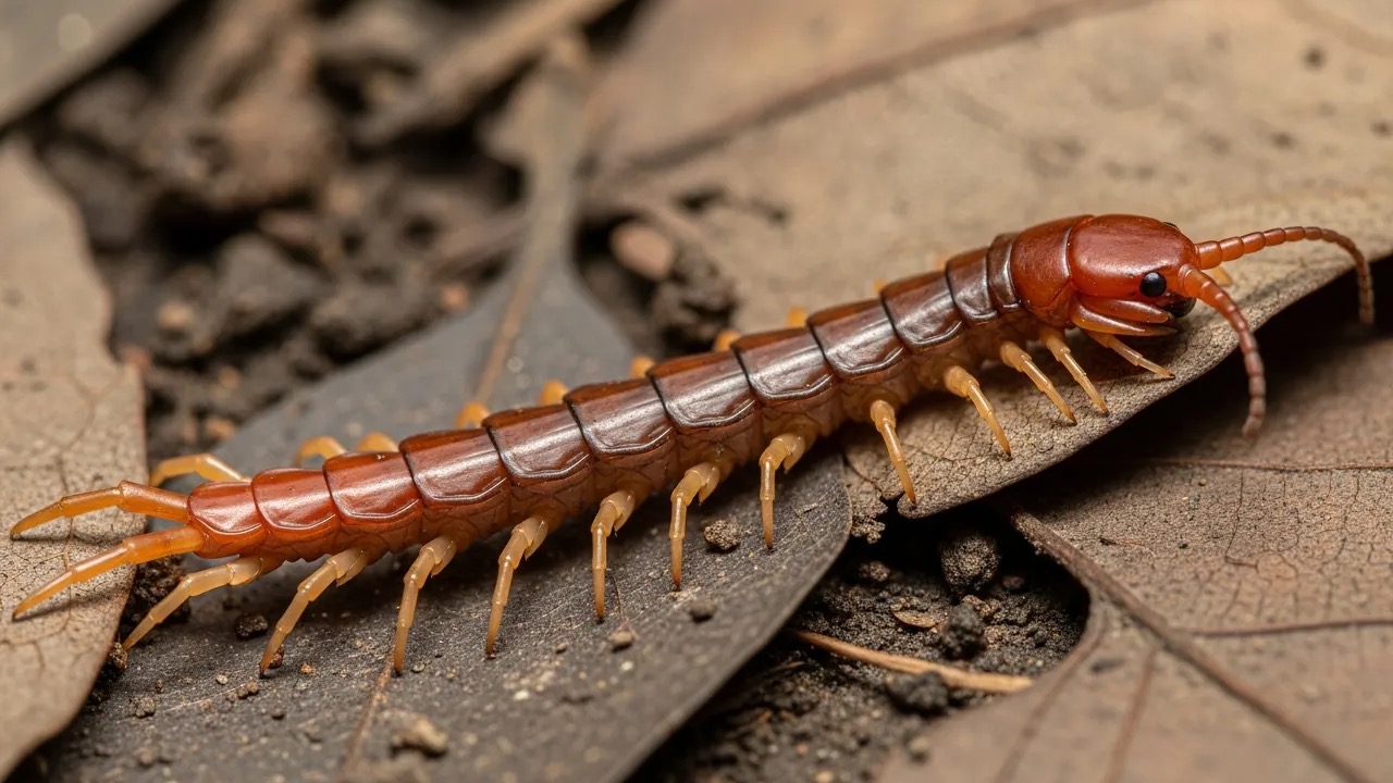 Reddish-brown centipede with long antennae and many legs on damp leaf litter