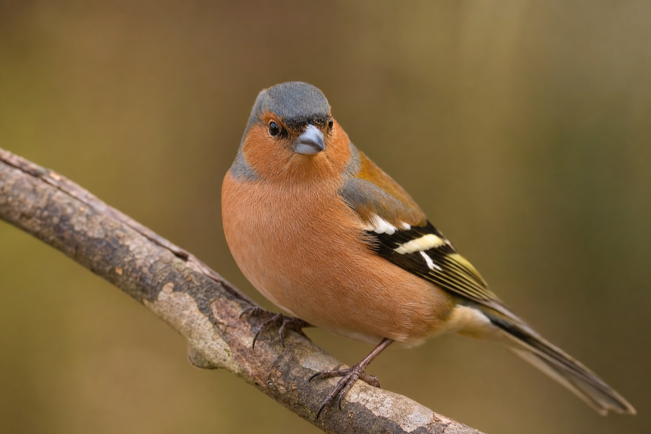 Male chaffinch with pink breast, blue-grey cap and white wing bars feeding on sunflower seeds beneath a garden feeder