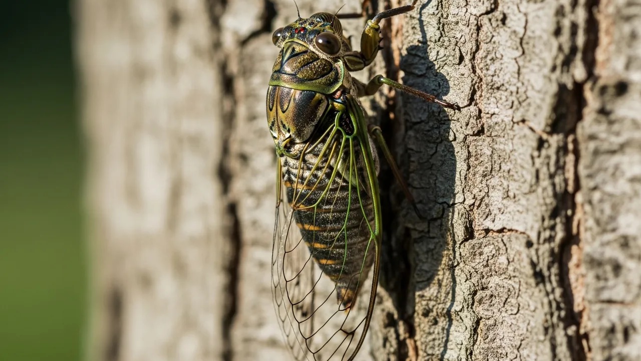 Cicada with clear veined wings clinging to a tree trunk