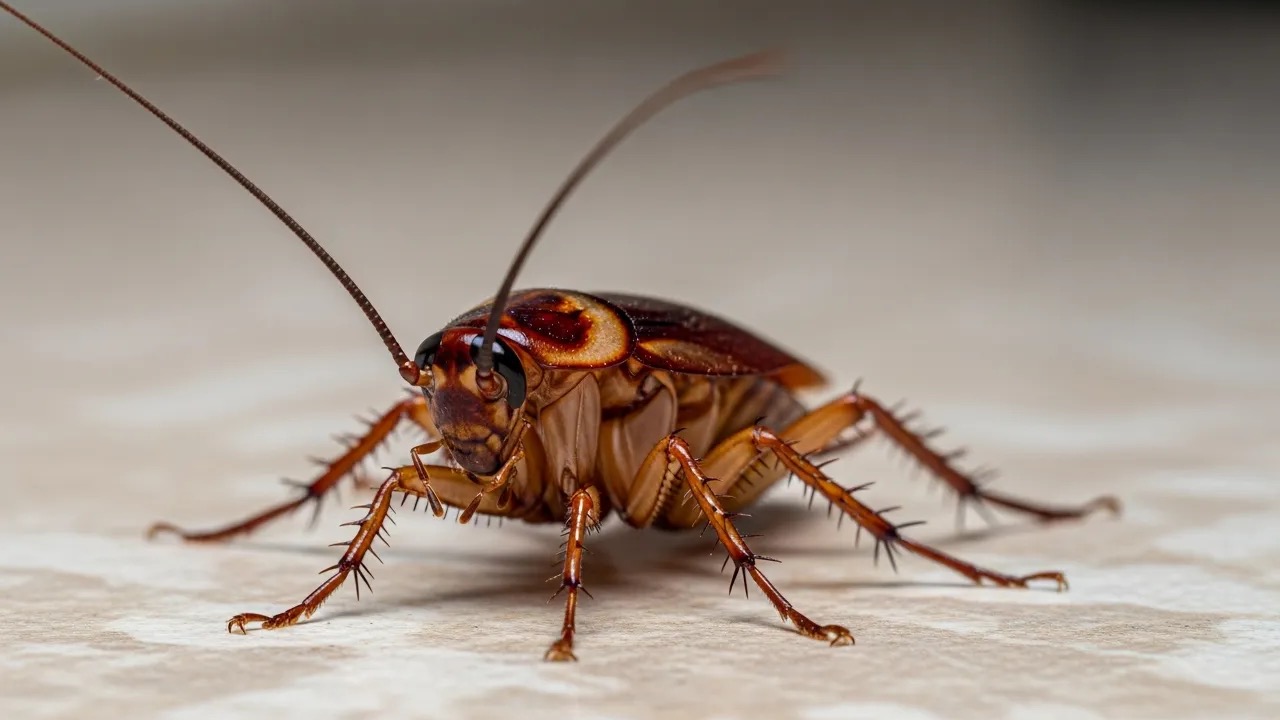 Brown cockroach with long antennae on a flat surface