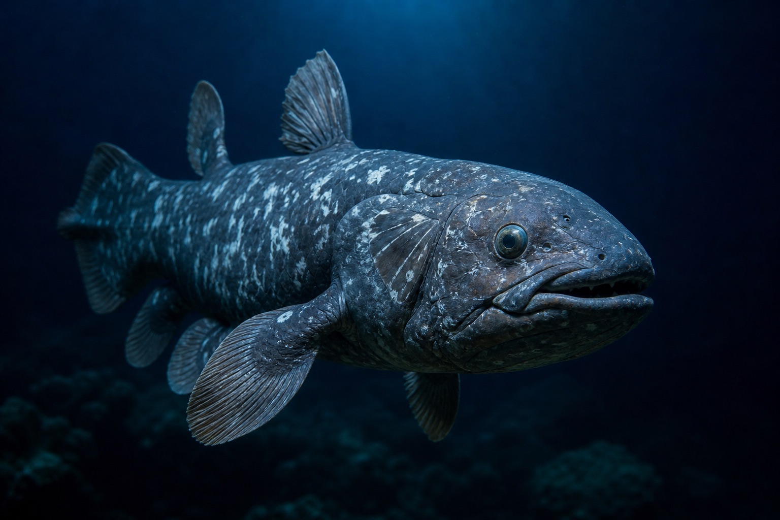 Steel-blue coelacanth with lobed pectoral and pelvic fins on stalks, spotted pattern and three-lobed tail fin in deep reef habitat