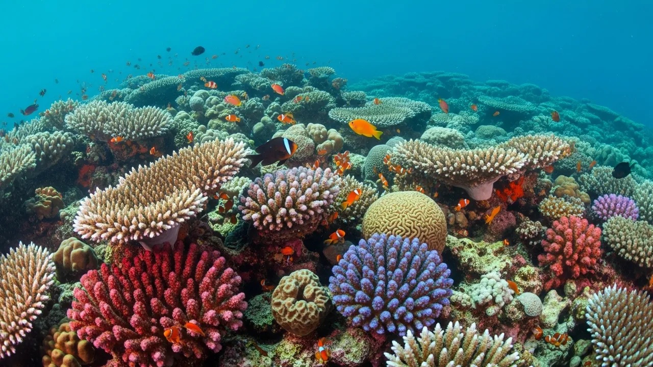 Colorful coral colony with many tiny polyps on a sunlit tropical reef