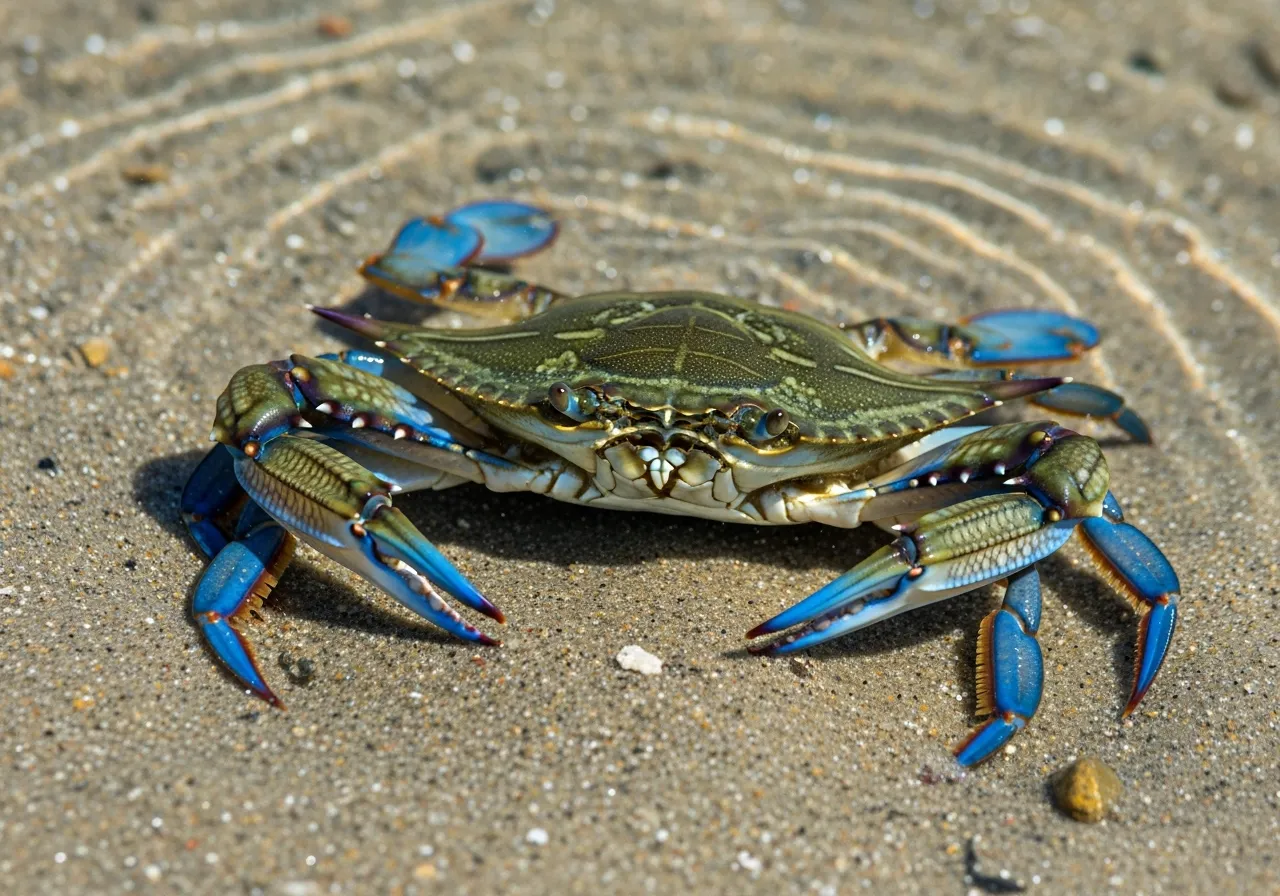 A shore crab on wet sand, its broad hard shell, stalked eyes and two front pincers clearly visible as it walks sideways.