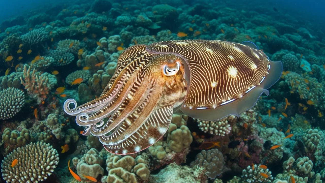 Cuttlefish hovering above the seabed with a patterned mantle and wavy fins