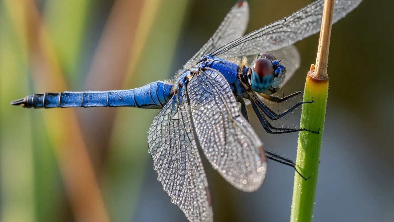 Blue dragonfly with outstretched transparent wings resting on a reed