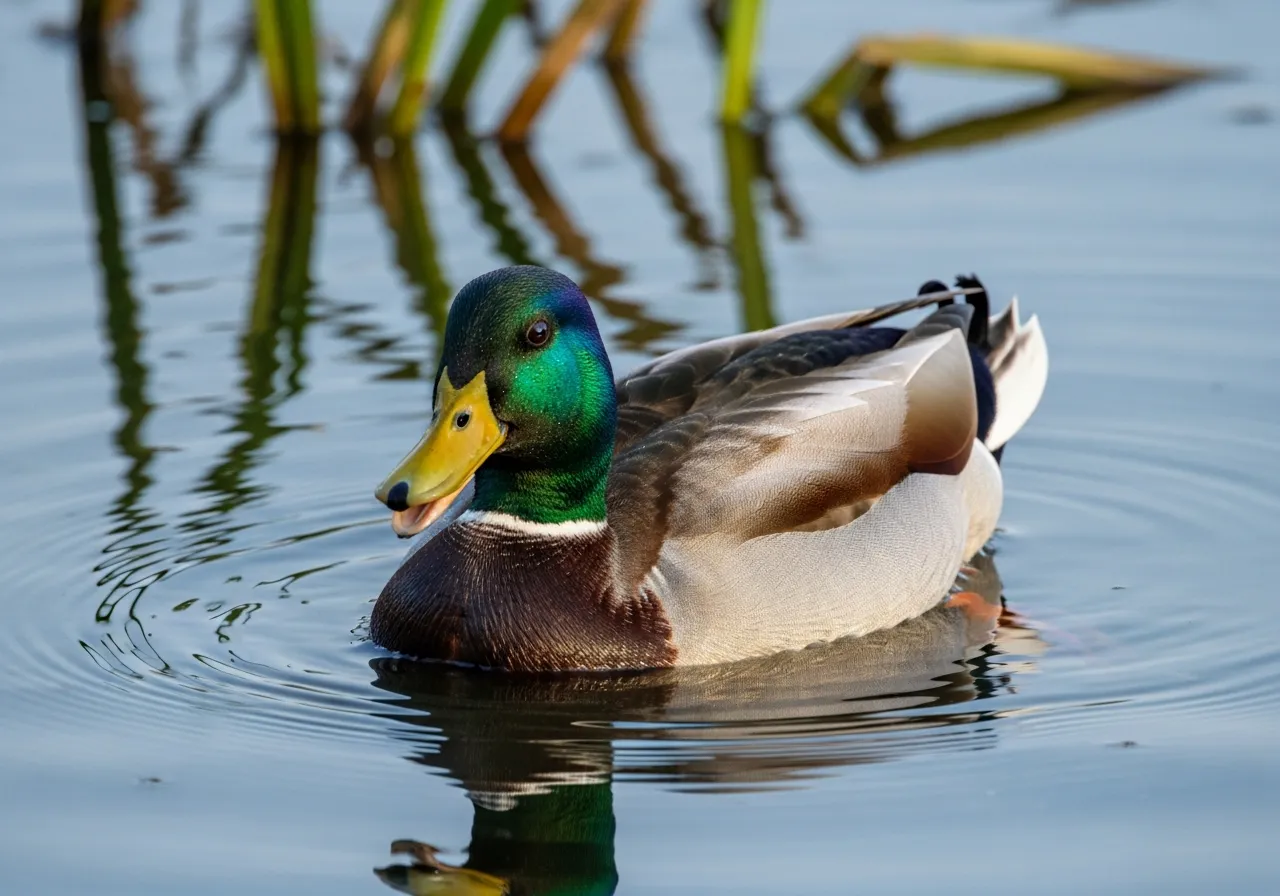 A male mallard duck with a glossy green head, white neck-ring and chestnut breast swimming on calm water, with a brown female mallard close behind.