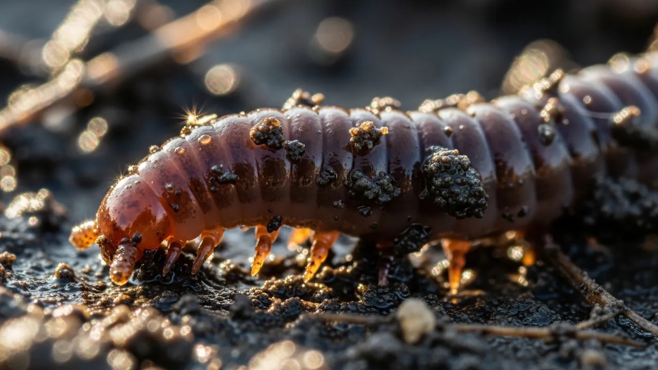 Reddish-brown earthworm on dark moist soil