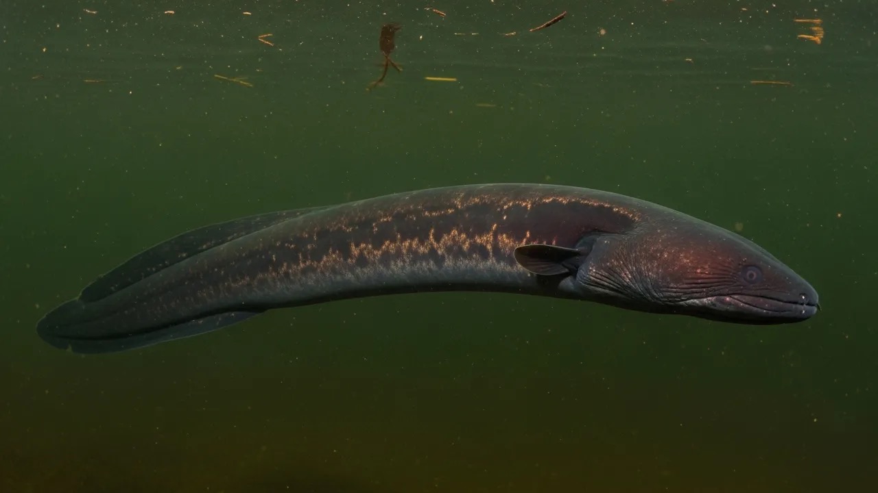 Long dark electric eel swimming through murky freshwater near submerged plants