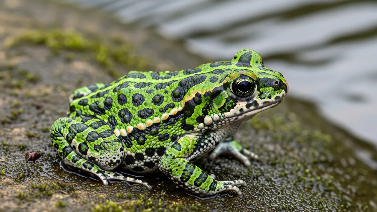 Small green and black fire-bellied toad showing its bright red and black underside