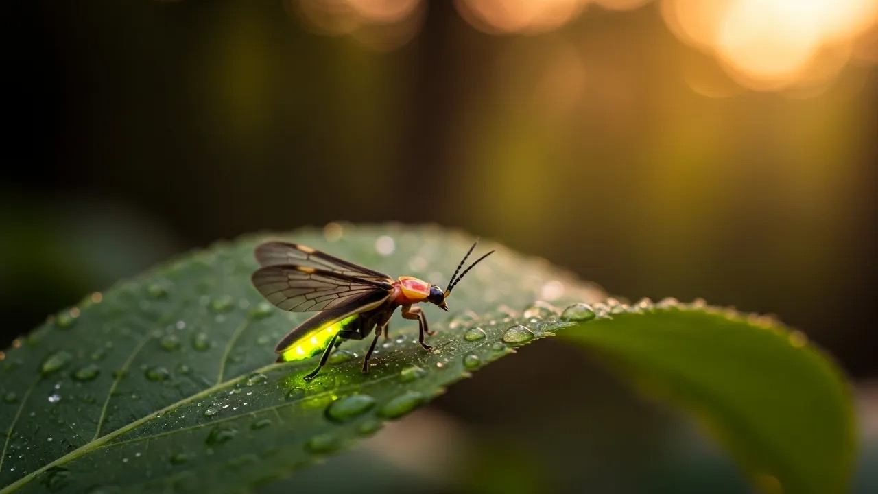 Firefly glowing yellow-green on a leaf in the dark