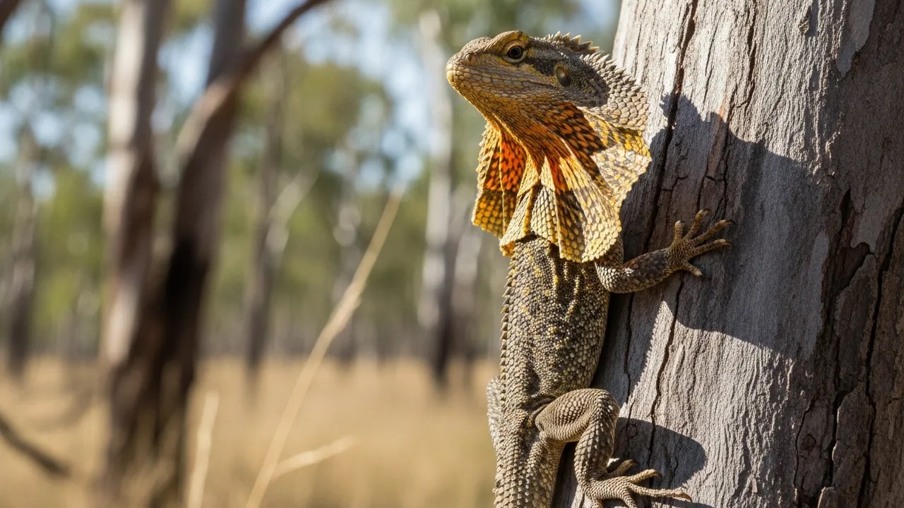 Frilled lizard standing with its large neck frill flared open and mouth gaping