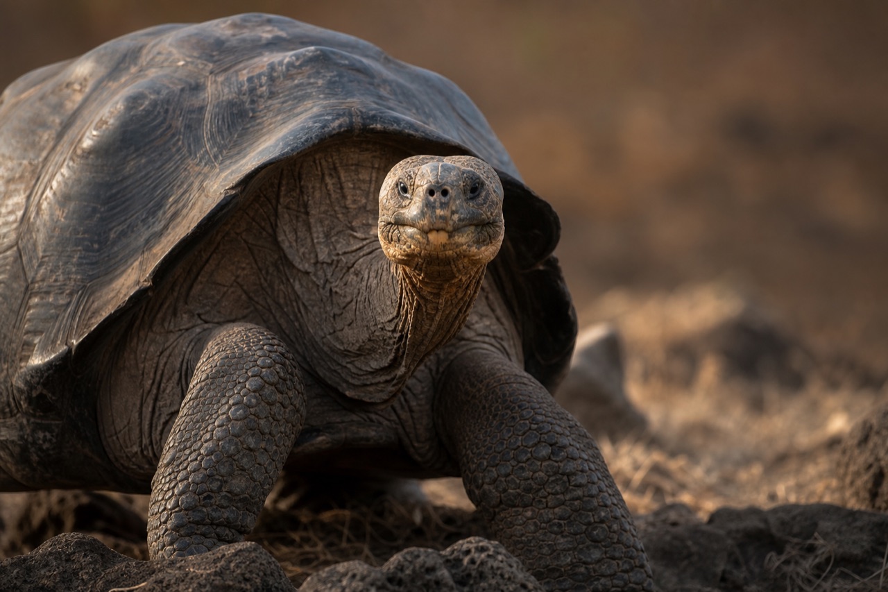 Galápagos giant tortoise on volcanic rock facing the camera