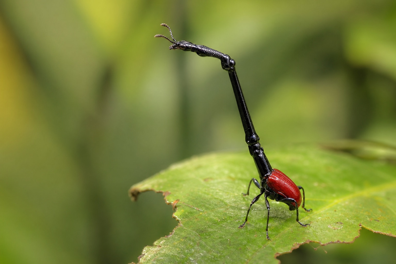 Male giraffe weevil with extremely elongated neck and black body on a rolled leaf nest in Madagascar rainforest