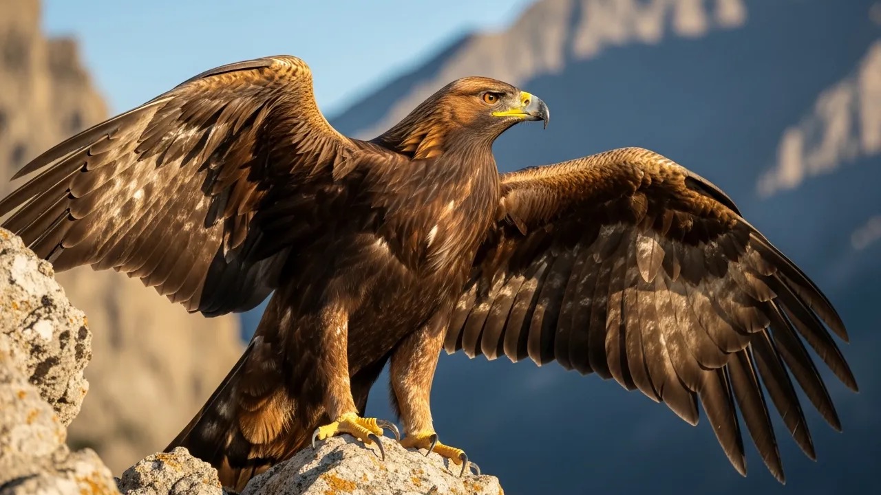 Golden eagle perched on a rocky crag showing golden-brown nape feathers and powerful talons