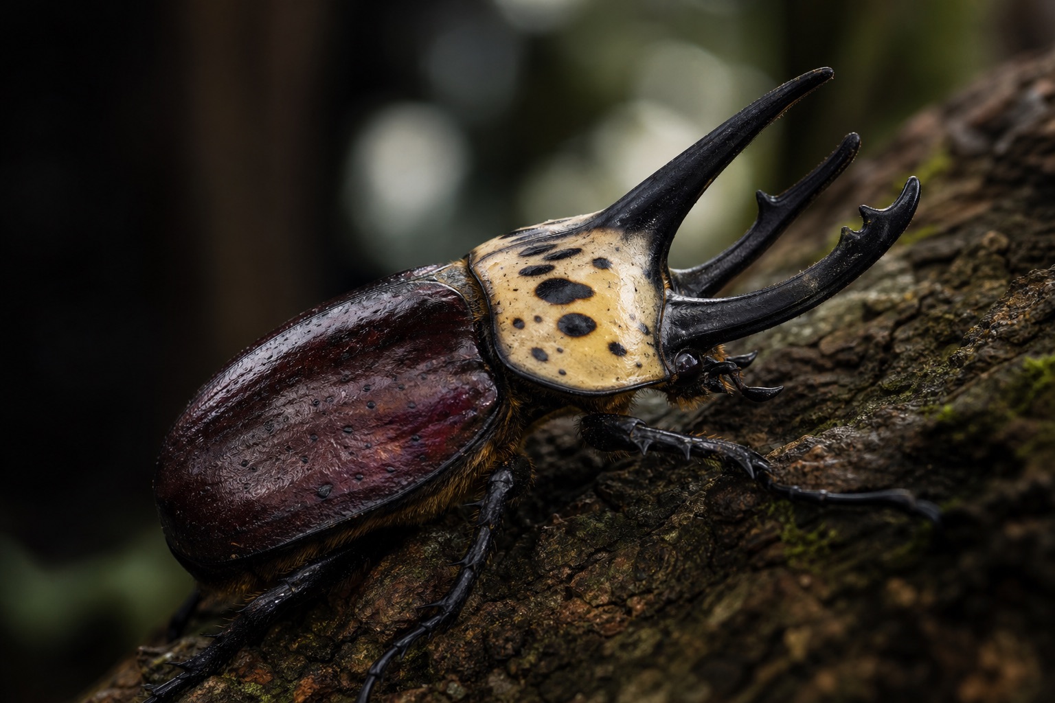 Goliath beetle with black-and-white patterned wing covers and a bold thoracic shield on tropical forest leaf litter