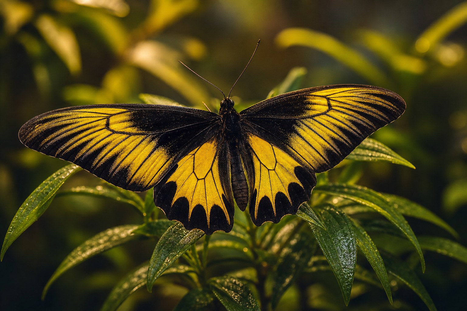 Male goliath birdwing with black wings banded in iridescent green and yellow on a rainforest leaf