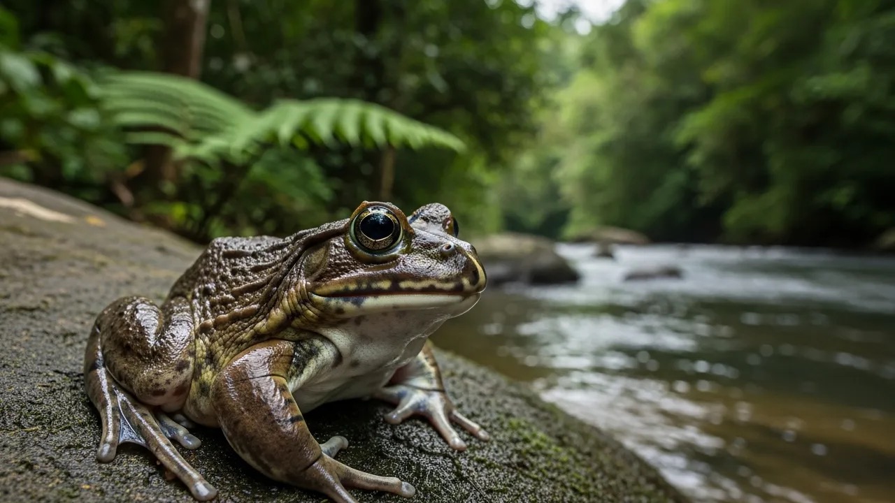 Enormous Goliath frog resting on a wet rock beside a fast-flowing rainforest river