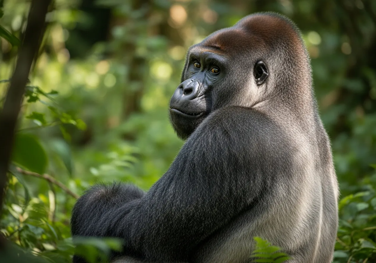 A mountain gorilla in dense montane forest in Bwindi Impenetrable National Park, Uganda