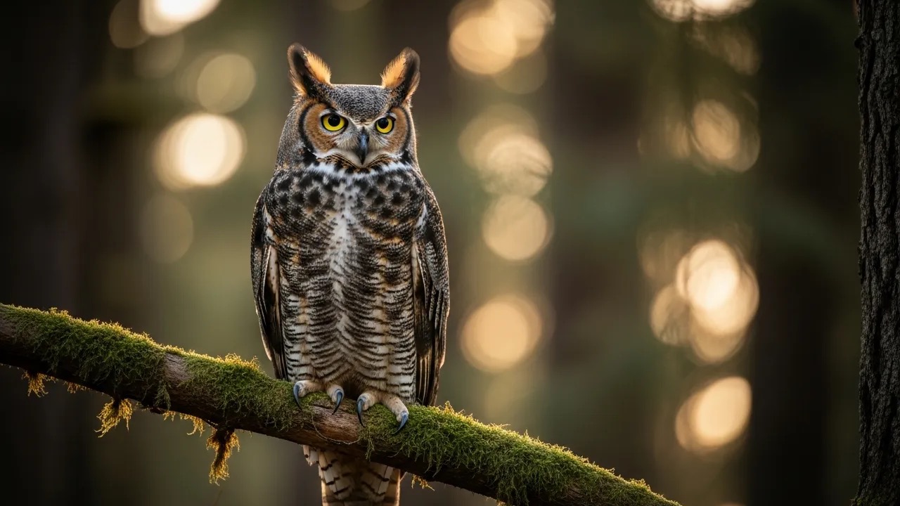 Great horned owl with prominent ear tufts and yellow eyes perched in a forest at dusk