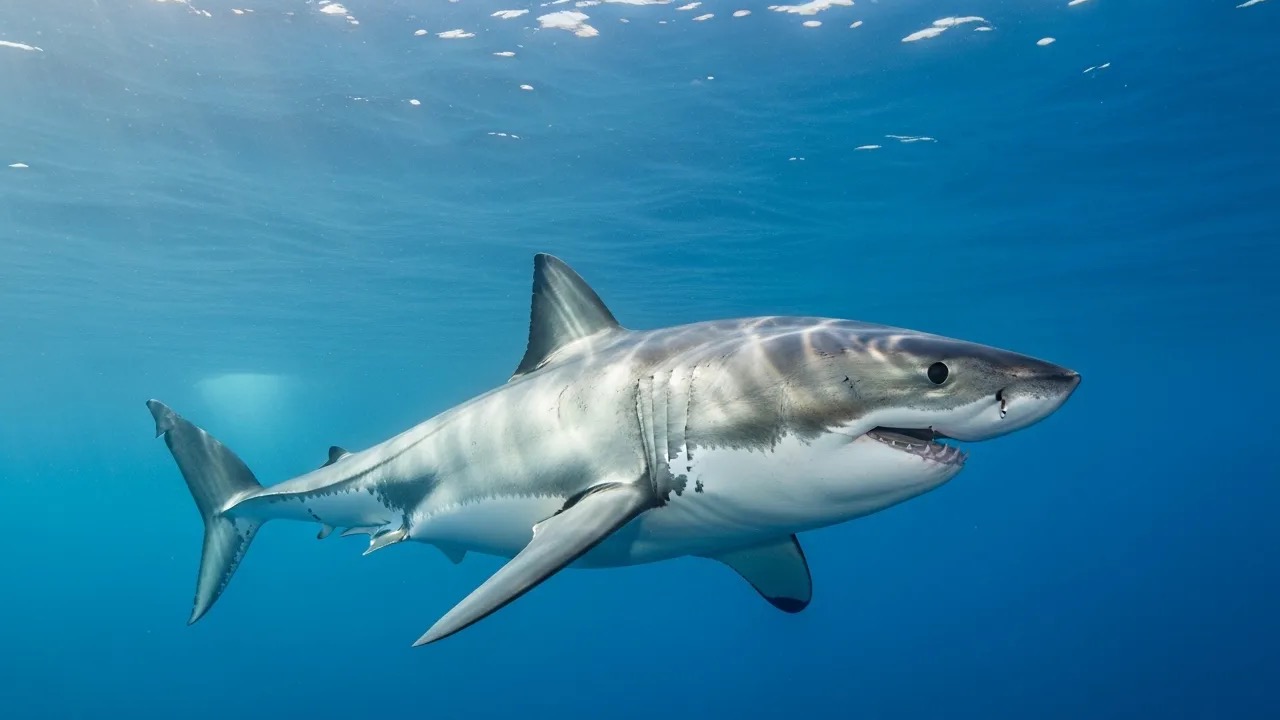 Great white shark swimming in clear blue ocean water, showing its grey back, white underside, and powerful body