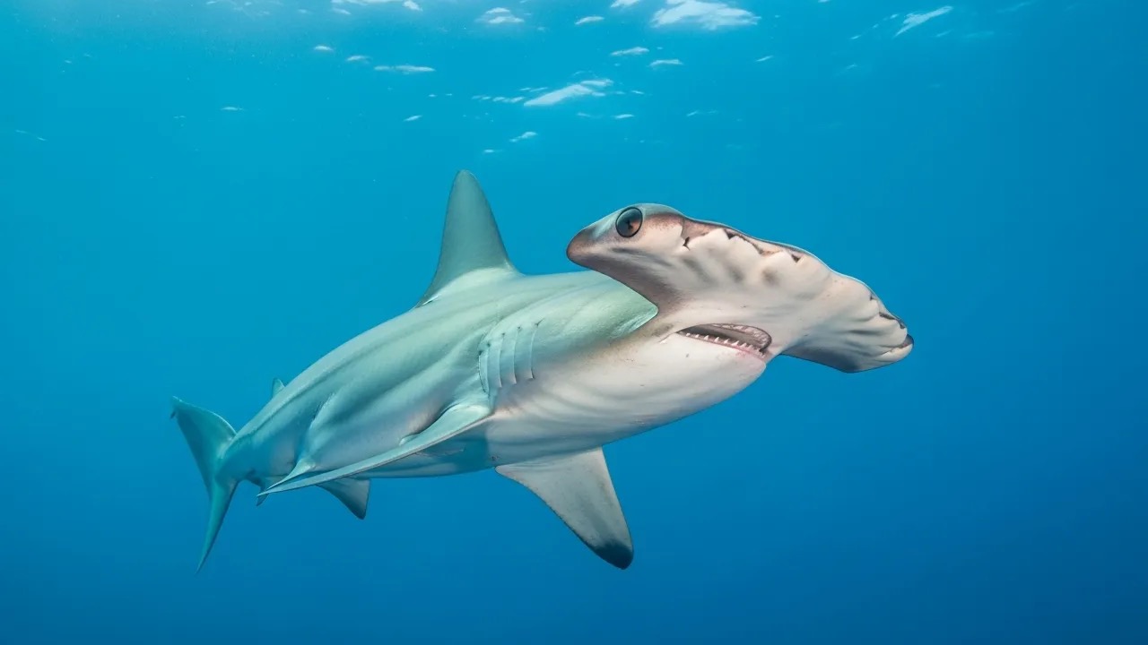 Hammerhead shark with its distinctive wide flat head swimming in blue water